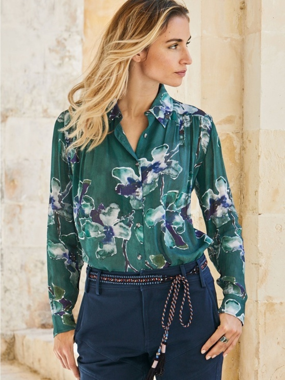 Peruvian Connection Green Blue Watercolor Floral Buttondown Blouse XS Oversized